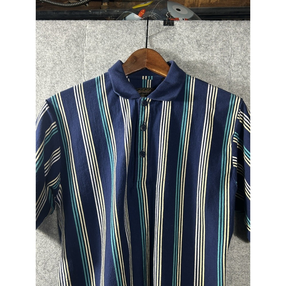 Vintage Eddie Bauer Men's Medium Vertical Stripe Polo Shirt Blue Green 90s‎ Y2K